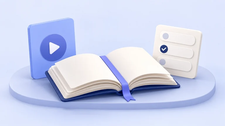 Açık kitap, video simgesi ve değerlendirme kartıyla eğitim planlama ve sınav takibini anlatan görsel.